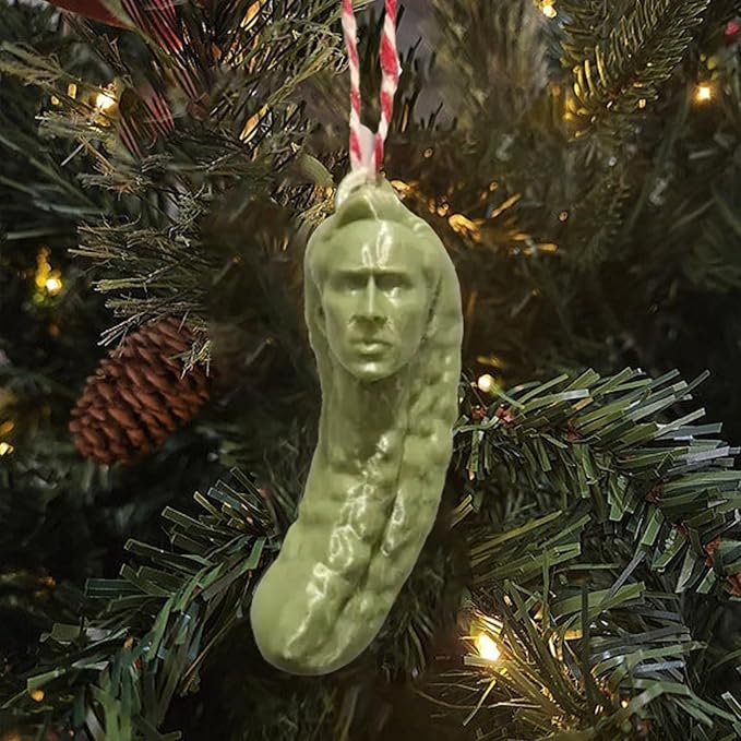 Funny Nicolas Cage Christmas Green Pickle Hanging Ornament