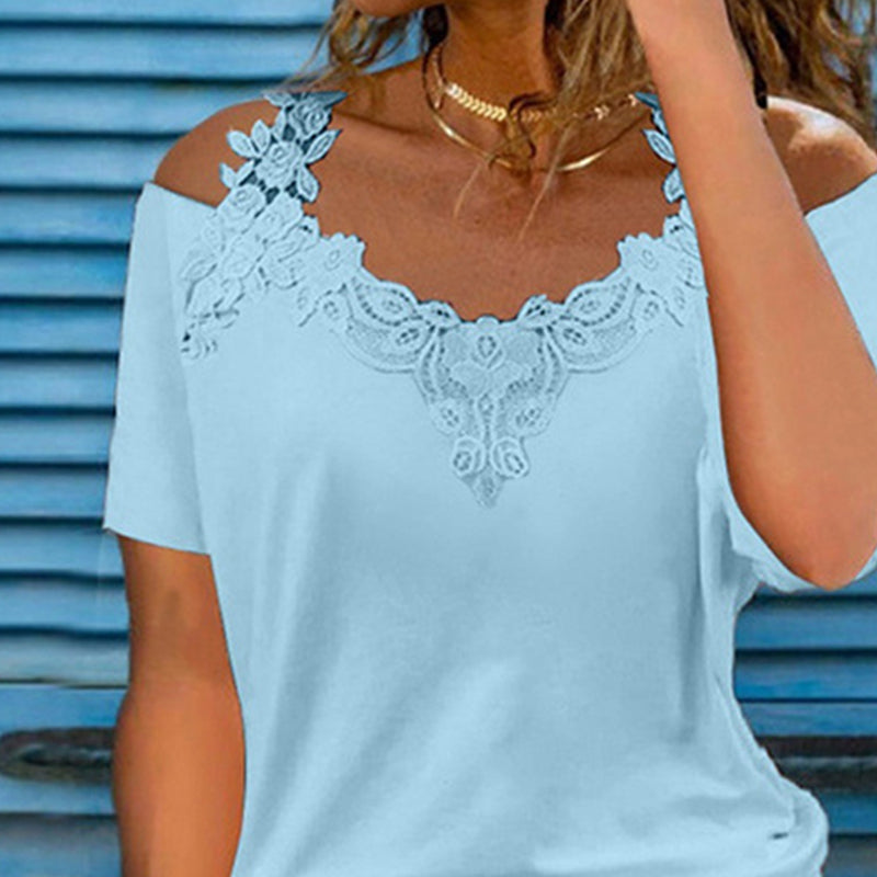 V-neck Lace Cold Shoulder T-shirt