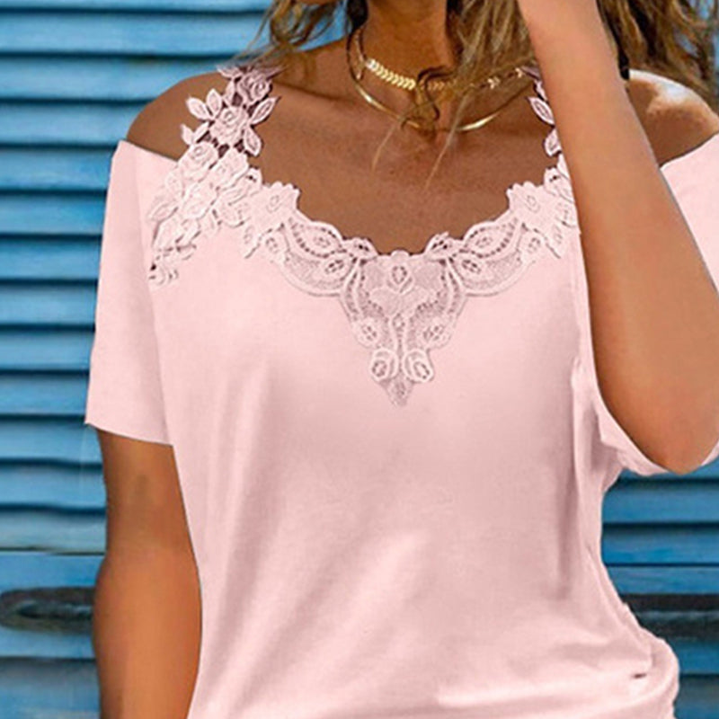 V-neck Lace Cold Shoulder T-shirt