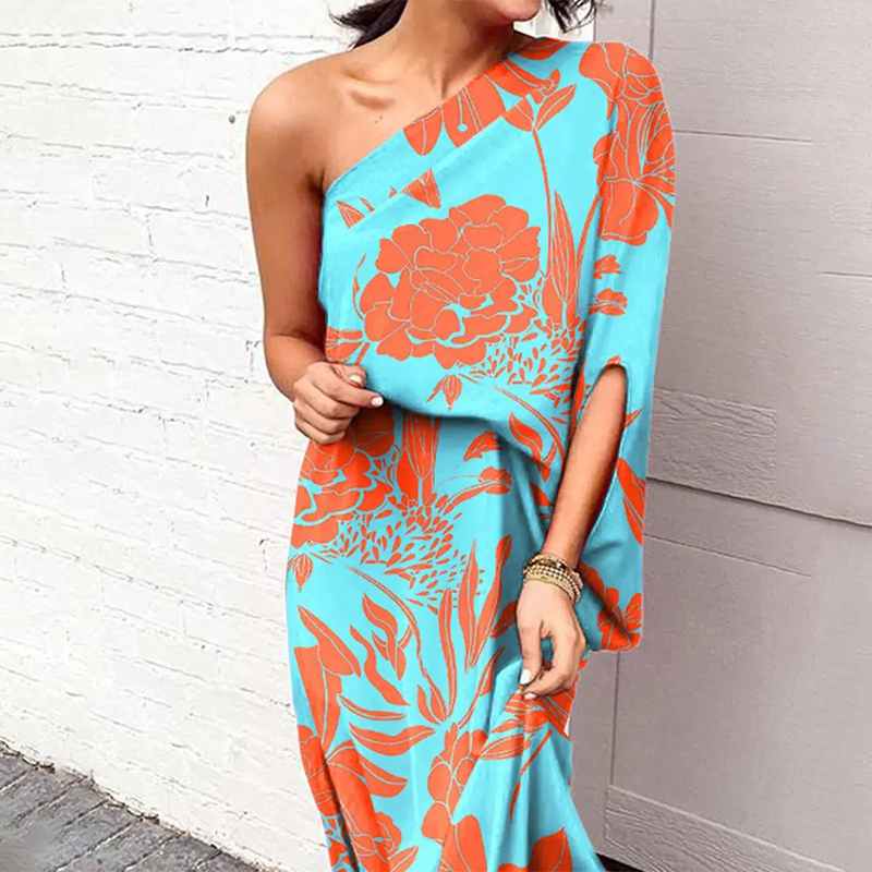 One Shoulder Print Slit Maxi Dress