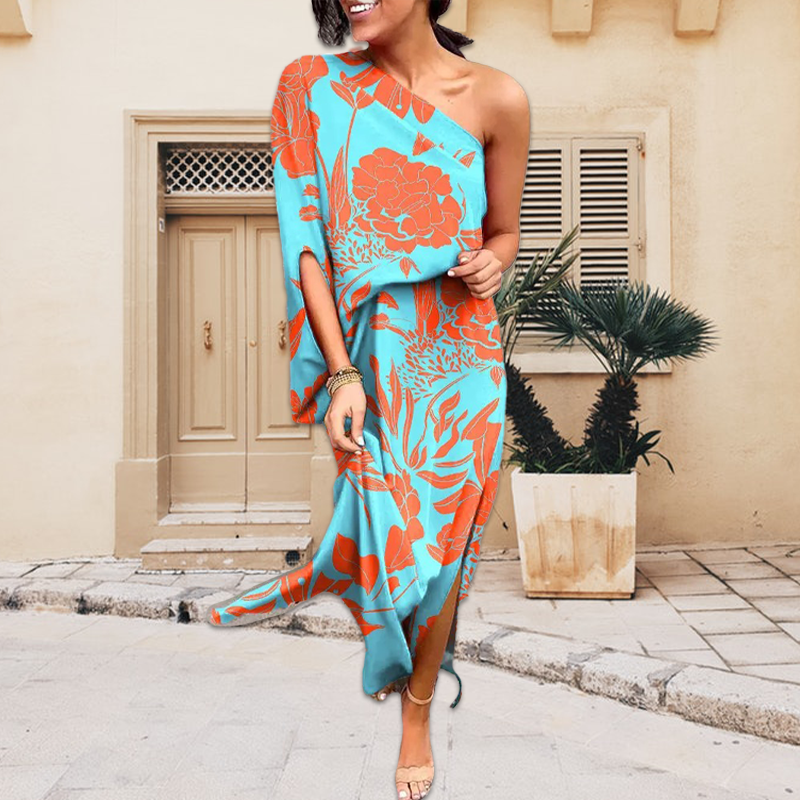 One Shoulder Print Slit Maxi Dress