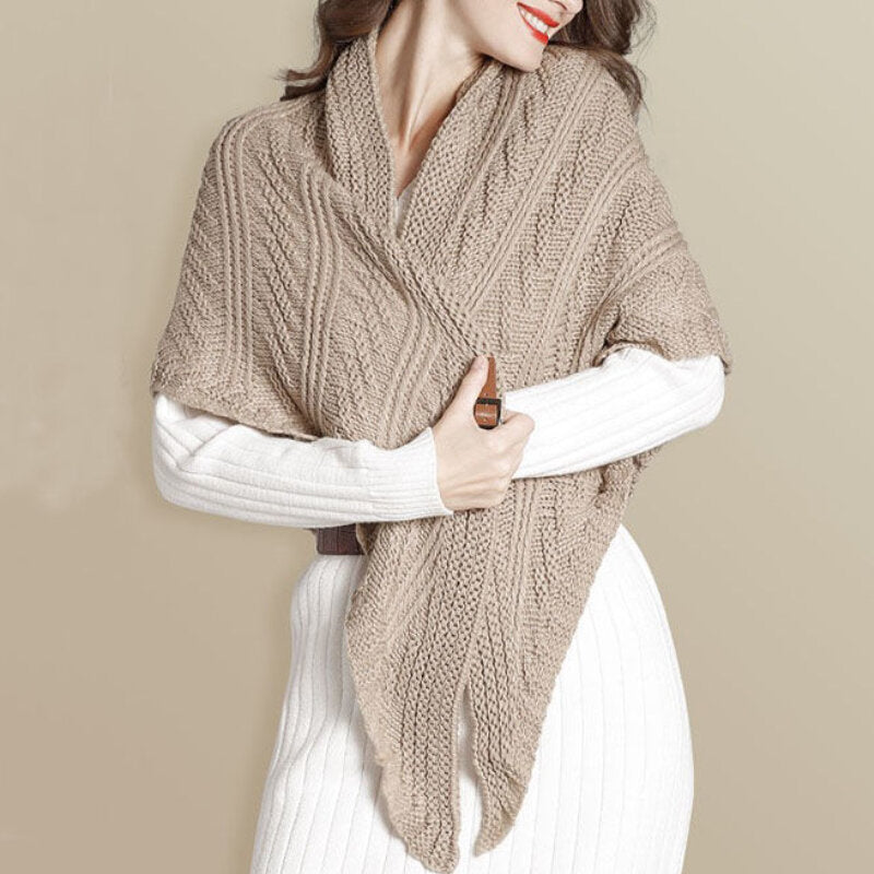 Knitted triangle shawl with leather buckle