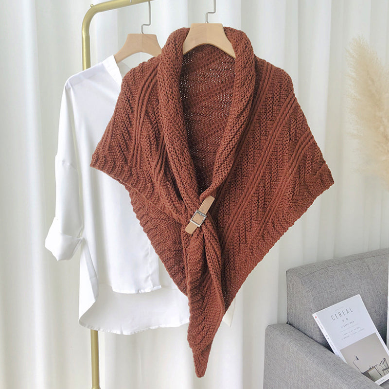 Knitted triangle shawl with leather buckle