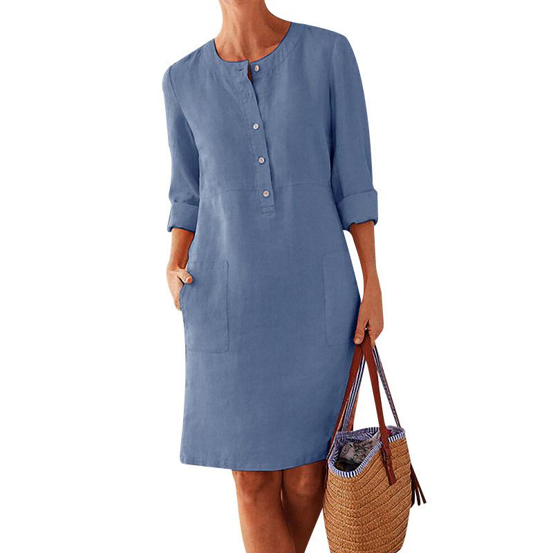 Solid Color Cotton and Linen Dress