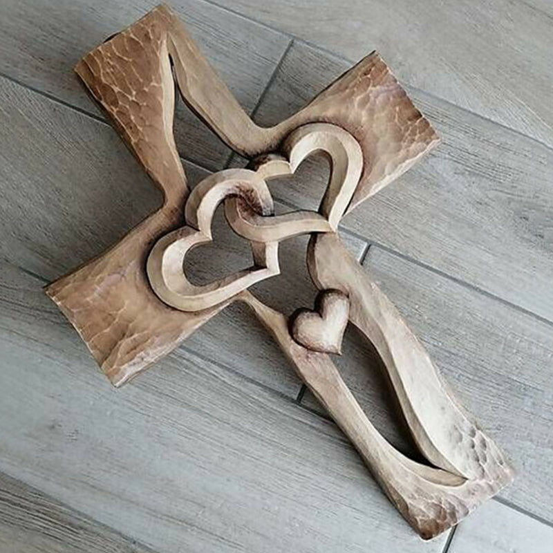 Carved Wooden Cross - Intertwined Hearts