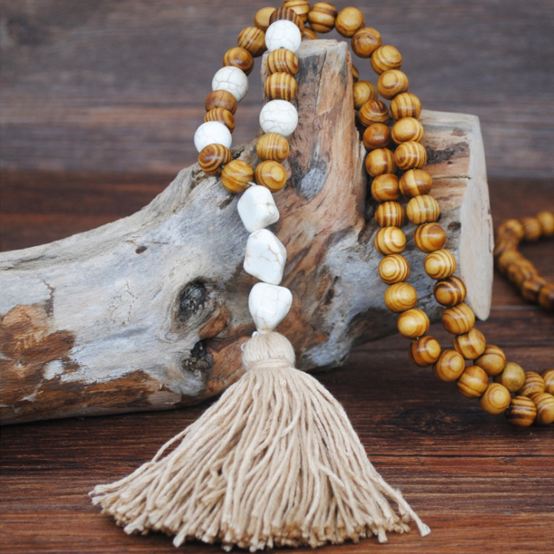 Bohemian Wooden Bead Tassel Necklace