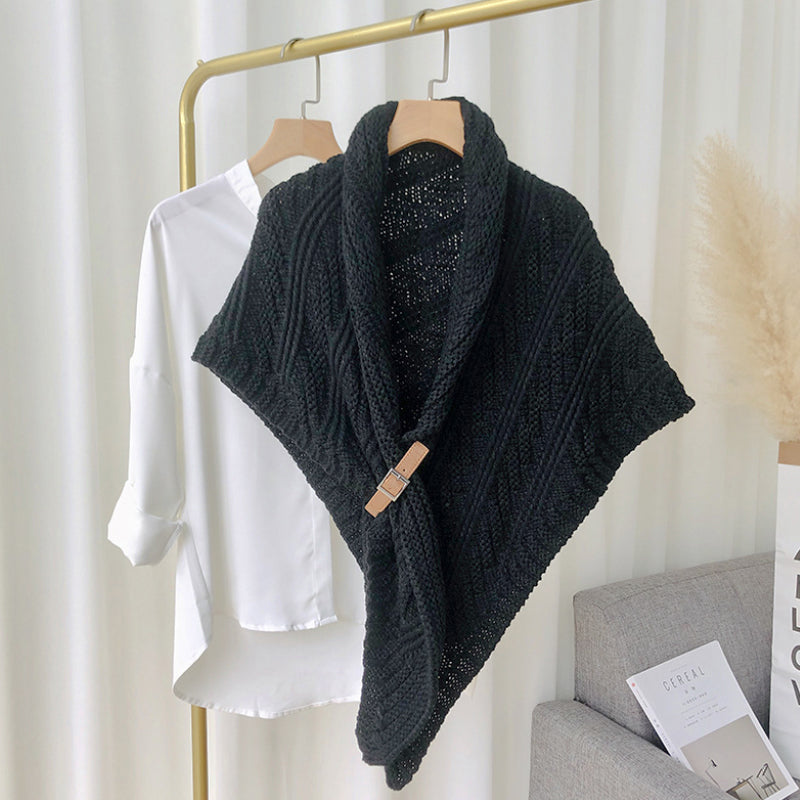 Knitted triangle shawl with leather buckle