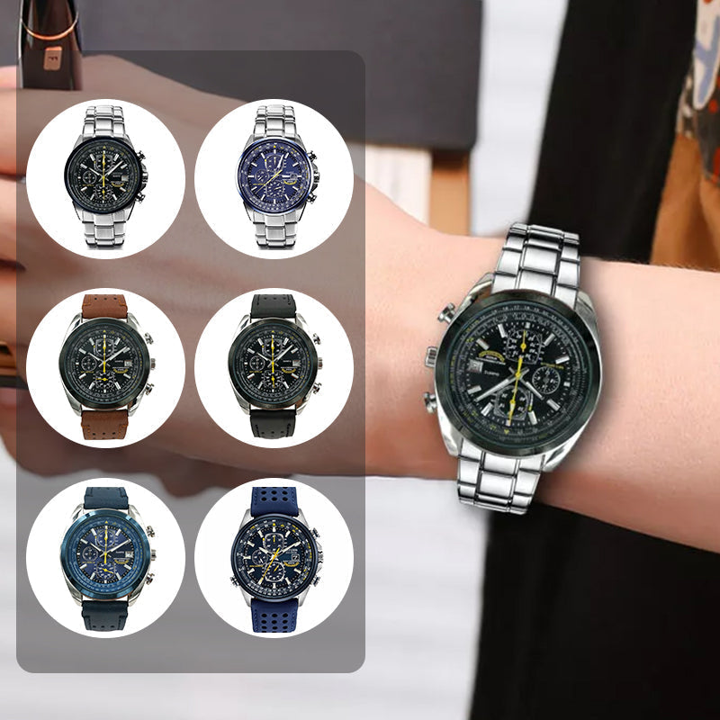 Men's multi-function quartz watch with multiple buttons